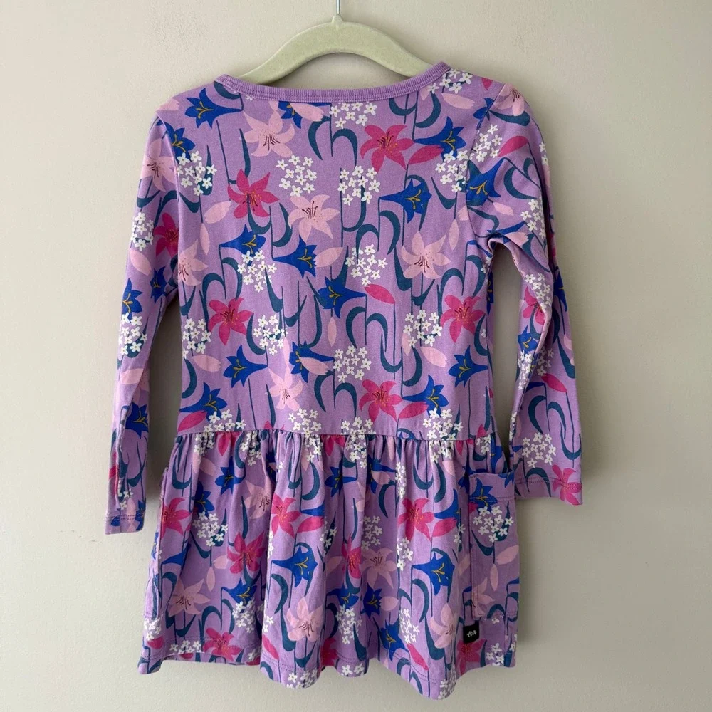 Tea‎ Collection Girls Purple Floral Long Sleeve Pocket Jersey Dress Size 2